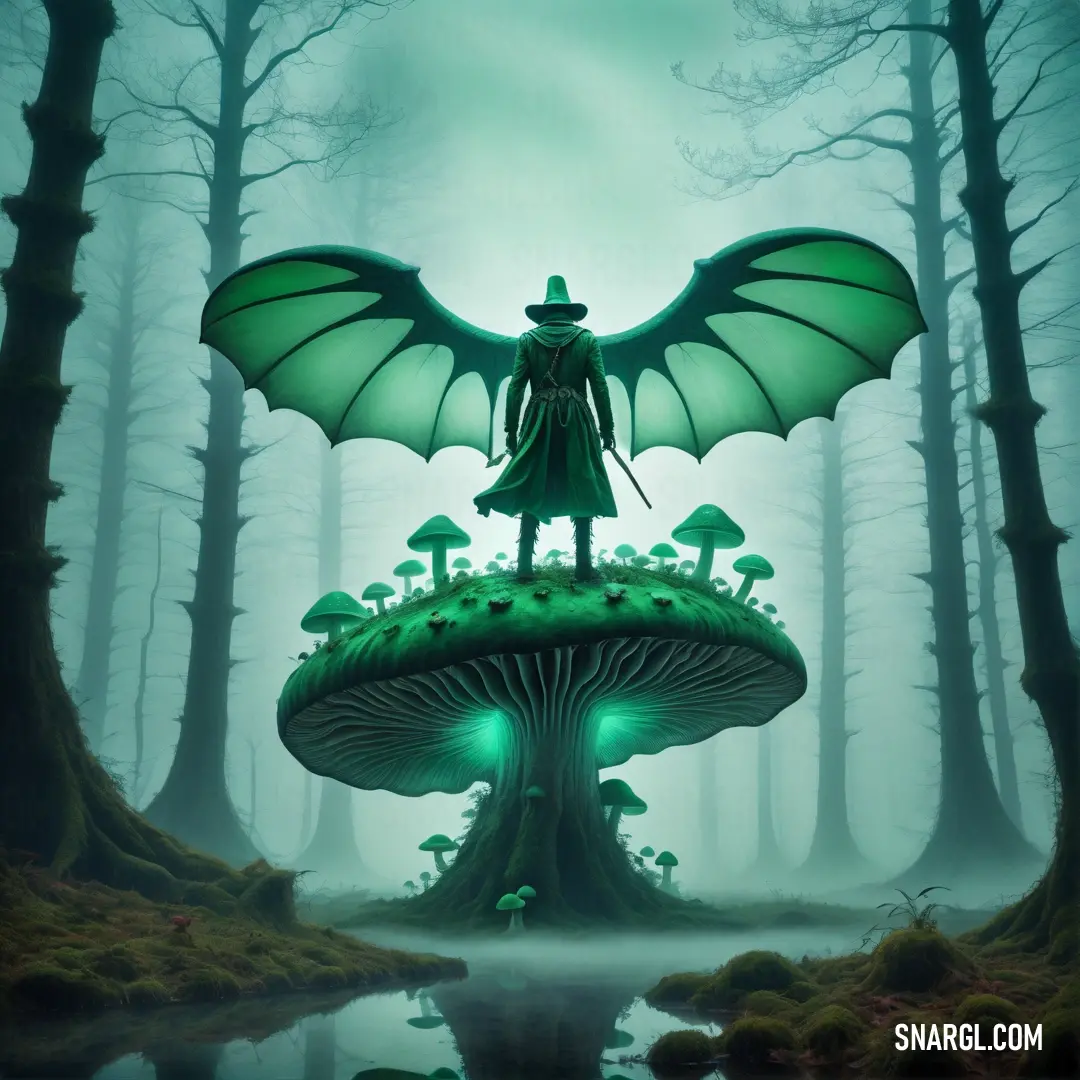 Green dragon standing on top of a mushroom in the forest. Example of PANTONE 7725 color.