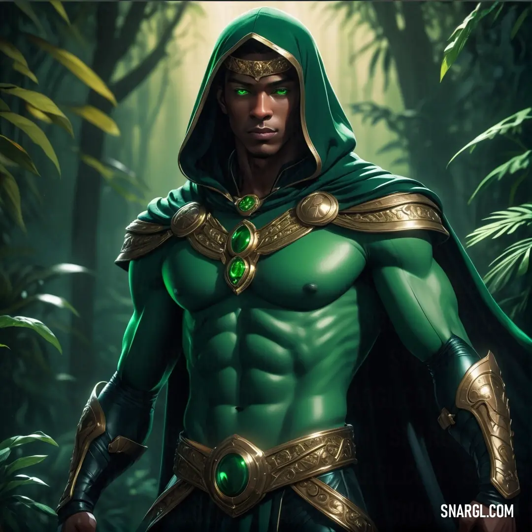 PANTONE 7725 color example: Man in a green costume standing in the woods with a hood on and a green cape on his head