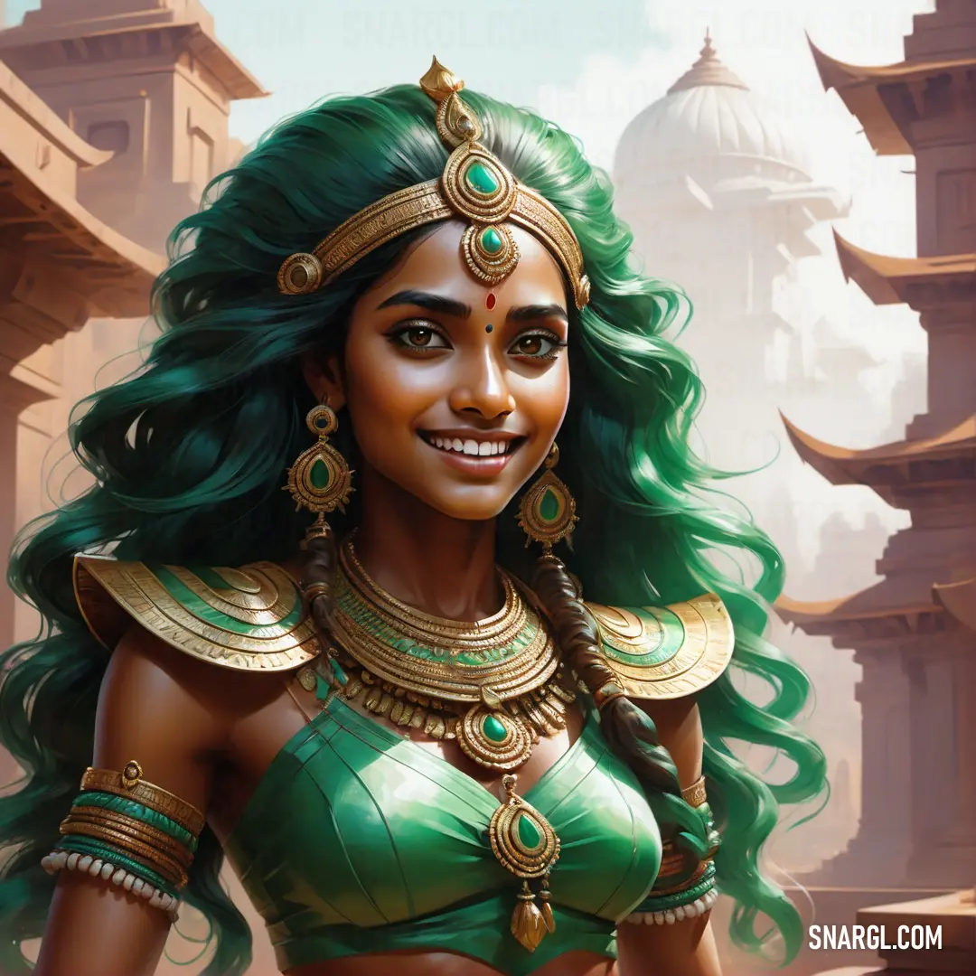 Woman in a green costume with gold jewelry and a green hair and a smile on her face. Example of PANTONE 7725 color.