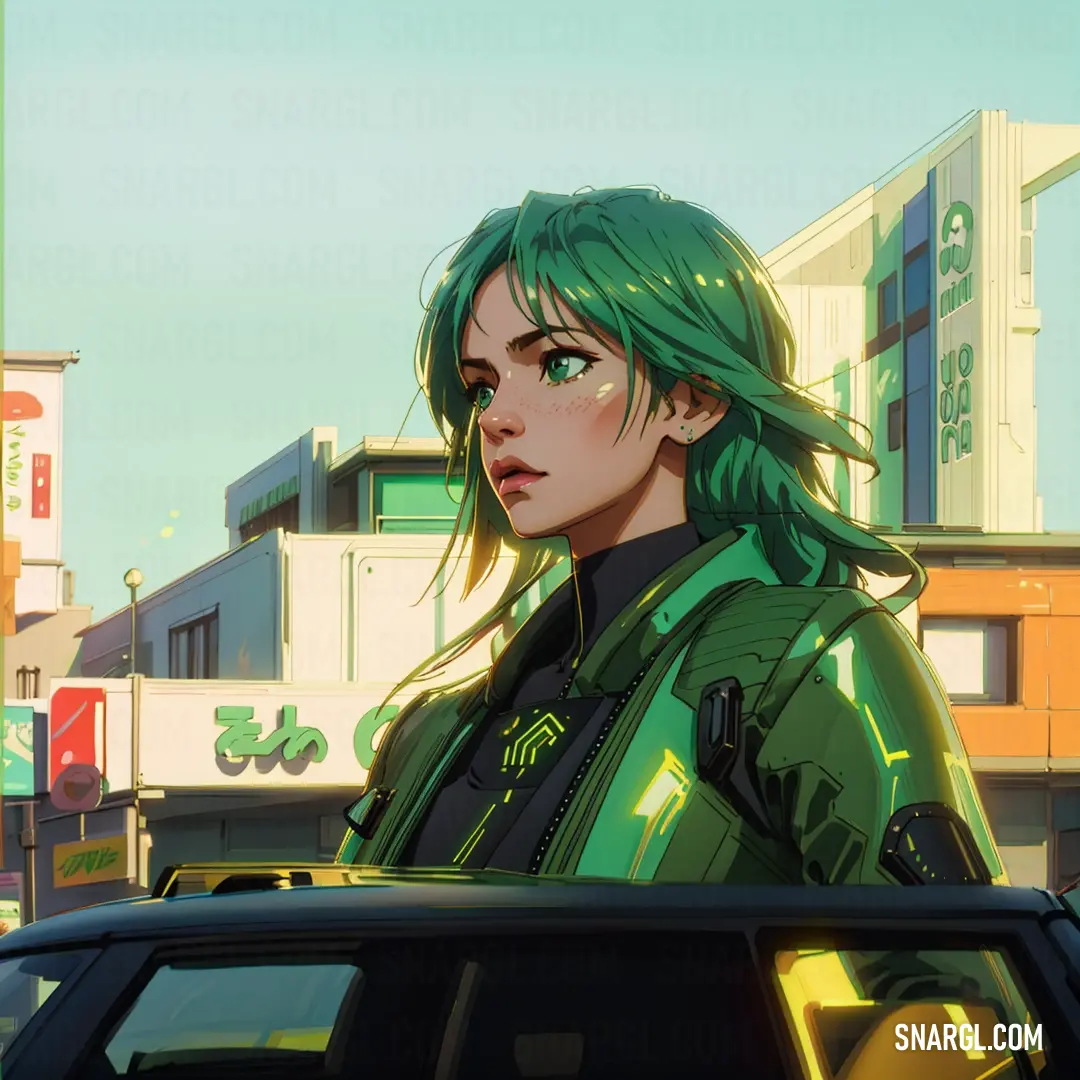 PANTONE 7725 color. Woman with green hair standing next to a car in a city street with buildings