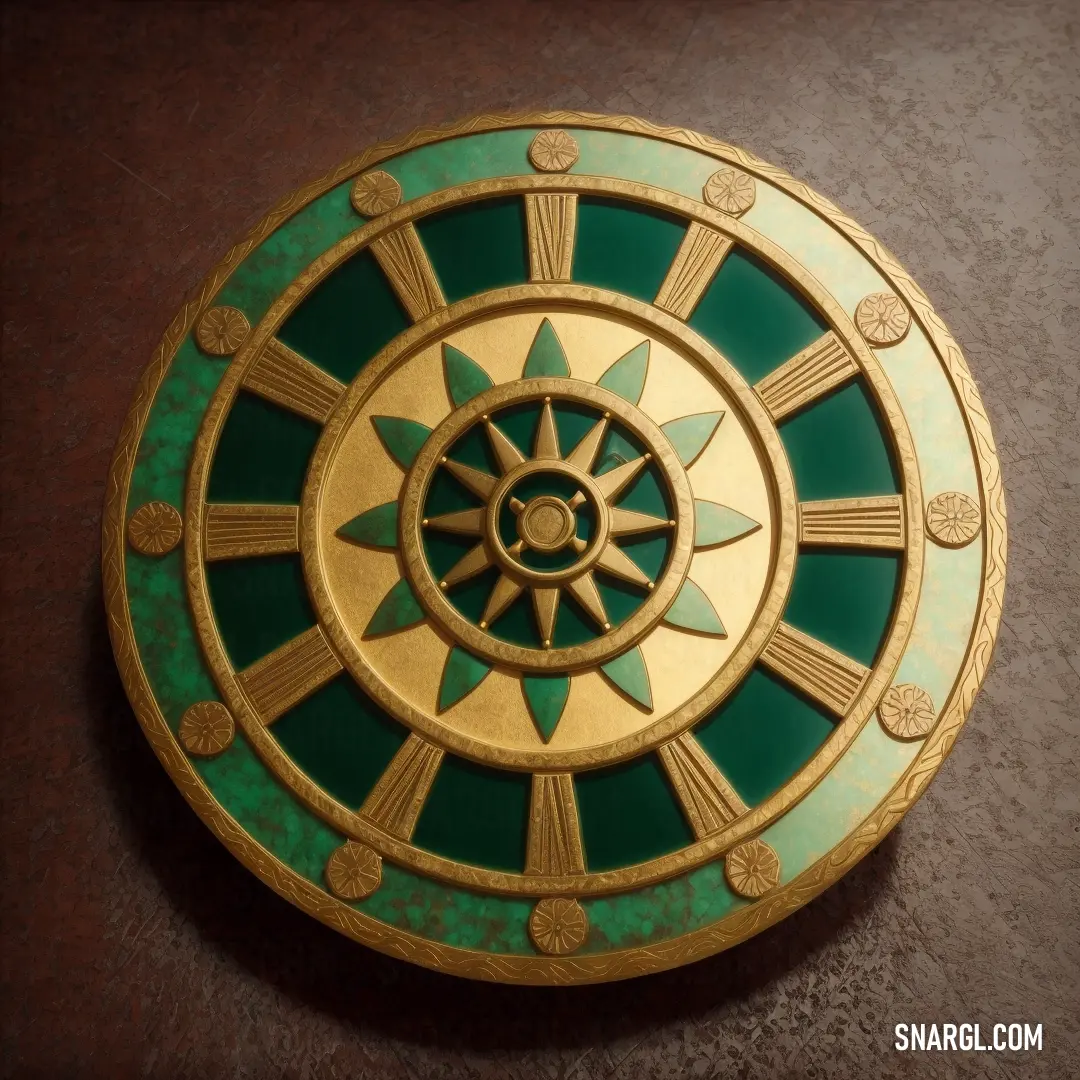 #007F47 color example: Green and gold colored clock on a wall with a brown background and a brown floor