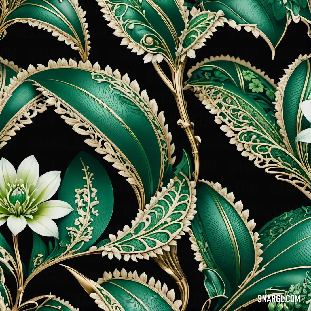 Green and gold floral pattern with leaves and flowers on a black background with a white flower in the center. Color PANTONE 7726.