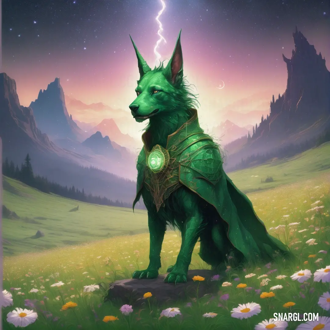 #007F47 color. Green dog with a green light on its chest and a green cape on its back standing in a field of flowers