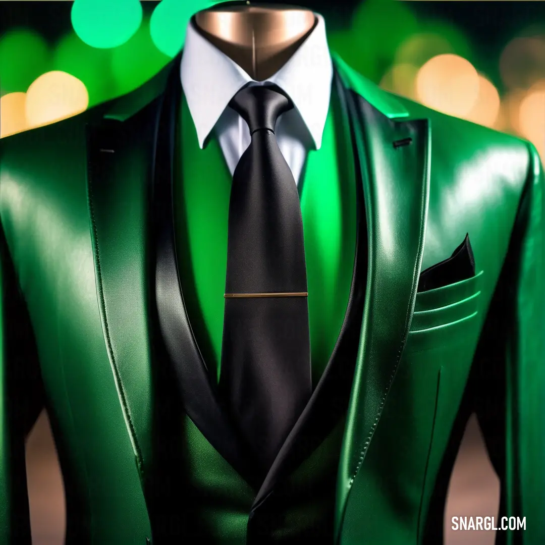Green suit with a black tie and white shirt and green lights in the background and a green and white polka dot