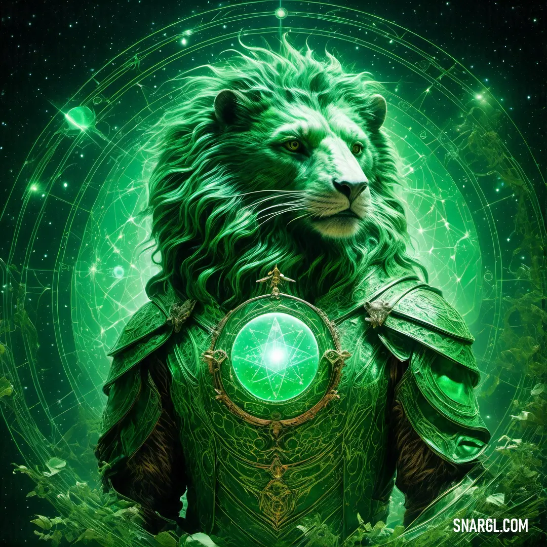 Green wizard with a green orb in his chest and a lion's head on his chest. Example of CMYK 100,0,93,29 color.