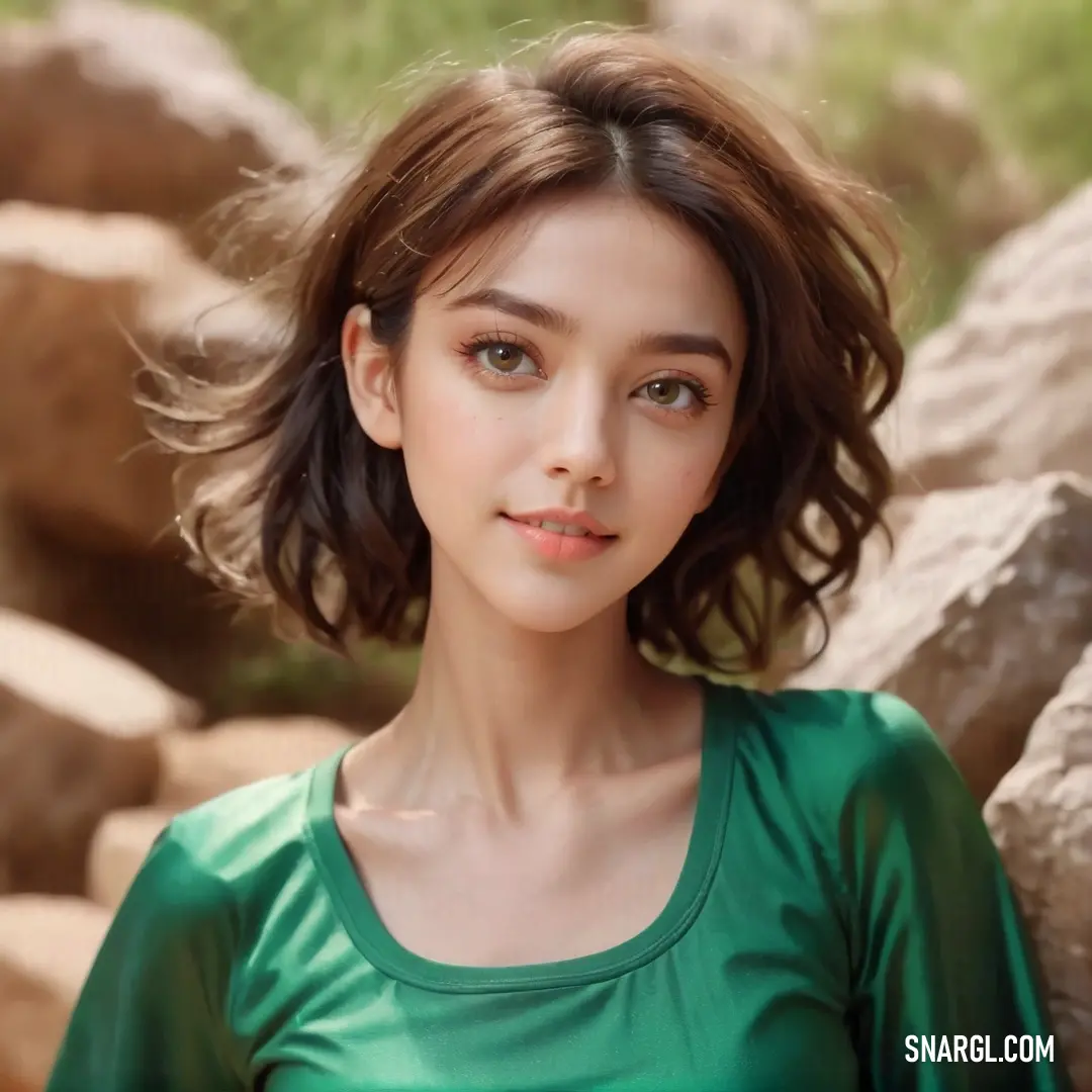 Woman with a green shirt and a rock in the background with a green shirt on and a green shirt on. Color RGB 0,127,71.