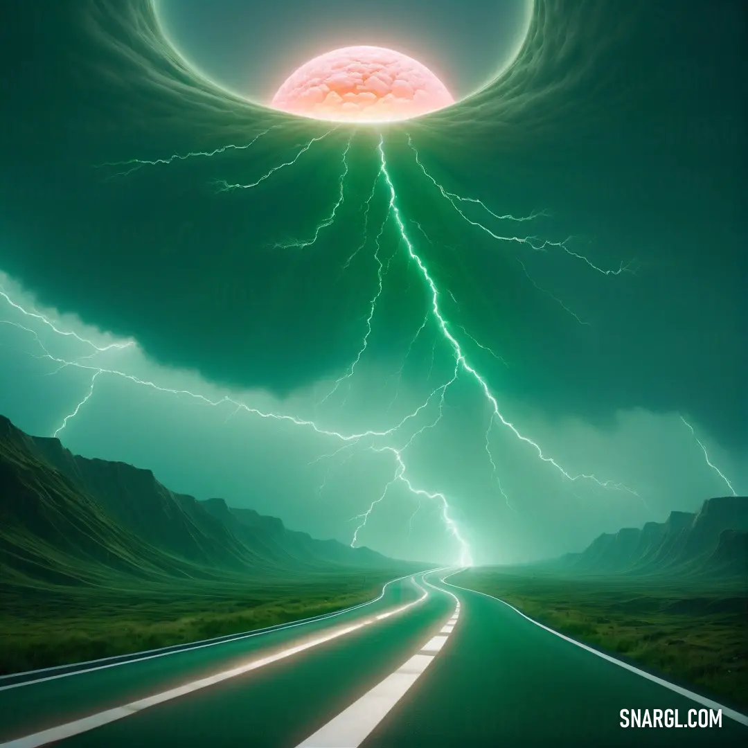 Painting of a road with a lightning bolt coming out of the center of it and a pink ball of lightening in the sky