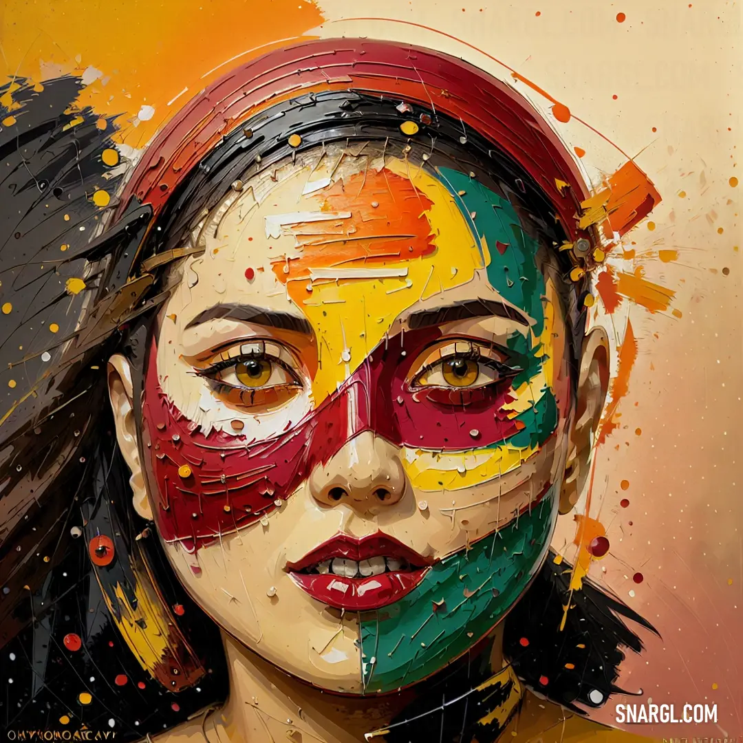 Woman with a painted face and colorful paint on her face and face. Color CMYK 100,0,94,46.