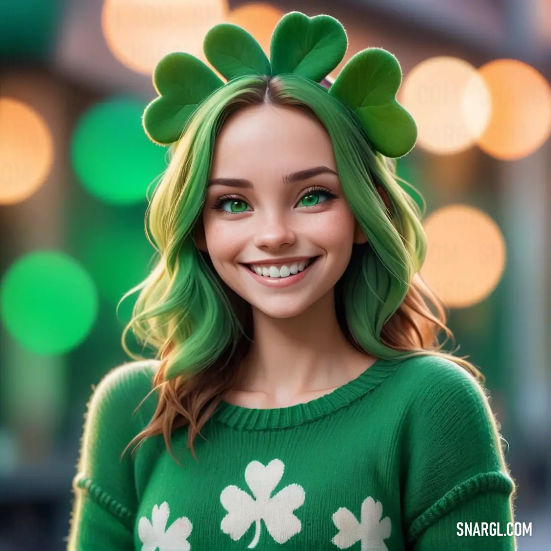 Woman with green hair and a green sweater with shamrocks on it. Color RGB 0,112,62.