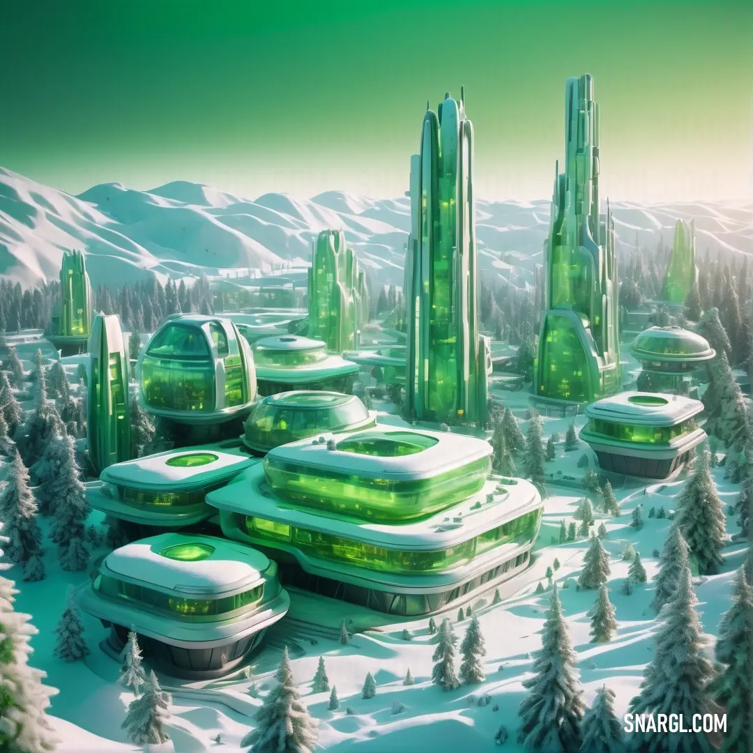 Futuristic city surrounded by snow covered trees and mountains in the background. Color PANTONE 7729.