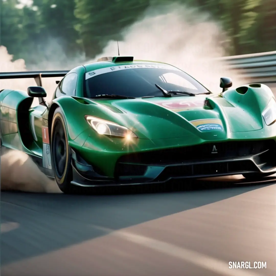 Green sports car driving down a race track with smoke coming out of the back of it's tires. Color RGB 0,88,63.