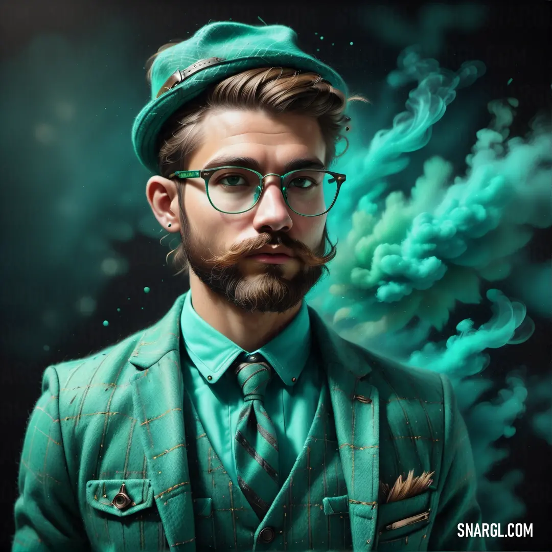 Man with a beard and glasses wearing a green suit and tie with a green smoke cloud behind him. Example of #00583F color.
