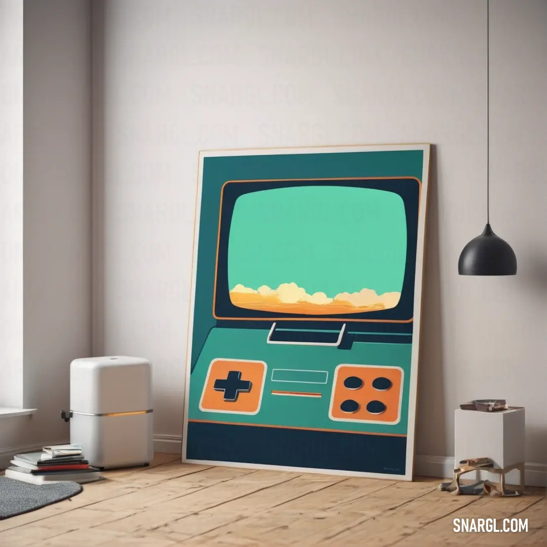 Poster of a video game console with a game controller on it's screen and a video game controller on the floor. Example of PANTONE 7729 color.