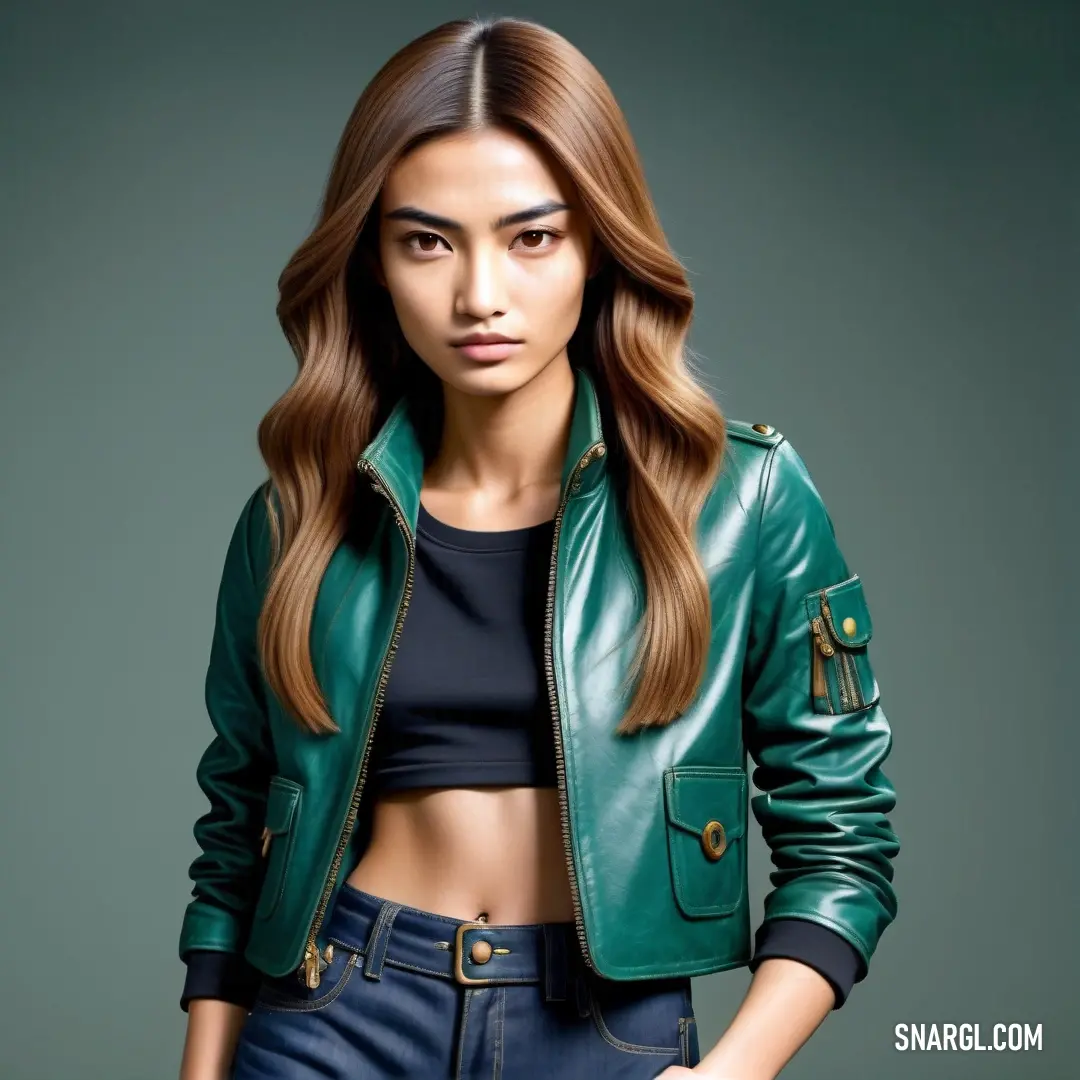 Woman in a green leather jacket posing for a picture with her hands on her hips and her hands on her hips. Color CMYK 95,0,75,65.