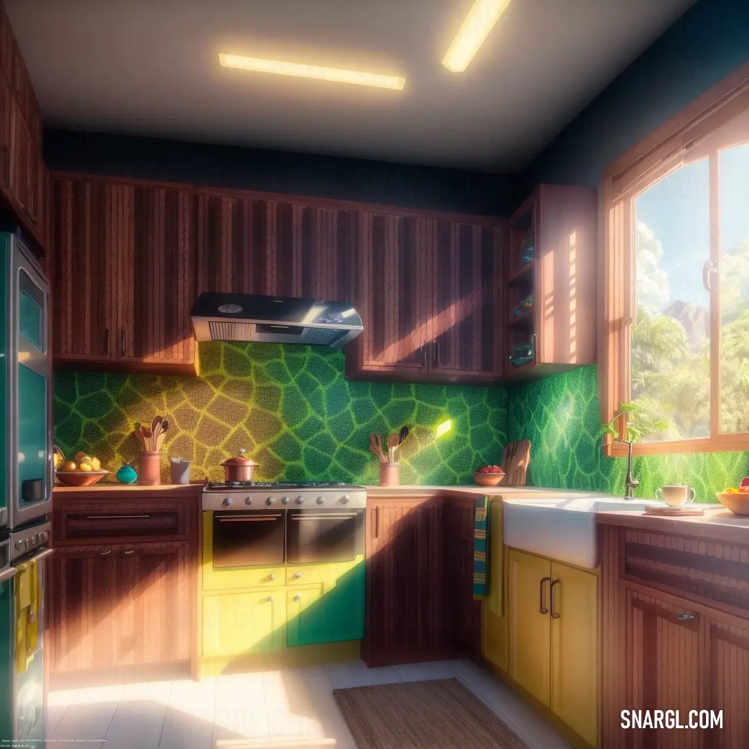 Kitchen with a green wall and wooden cabinets and a window with a view of the outside of the room. Color #589C63.