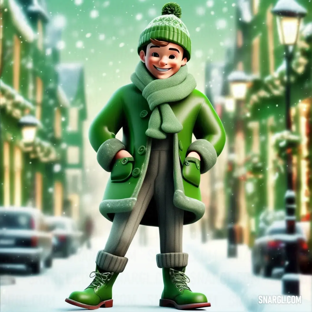 PANTONE 7731 color. Cartoon character is standing in the snow in a green coat and hat and scarf