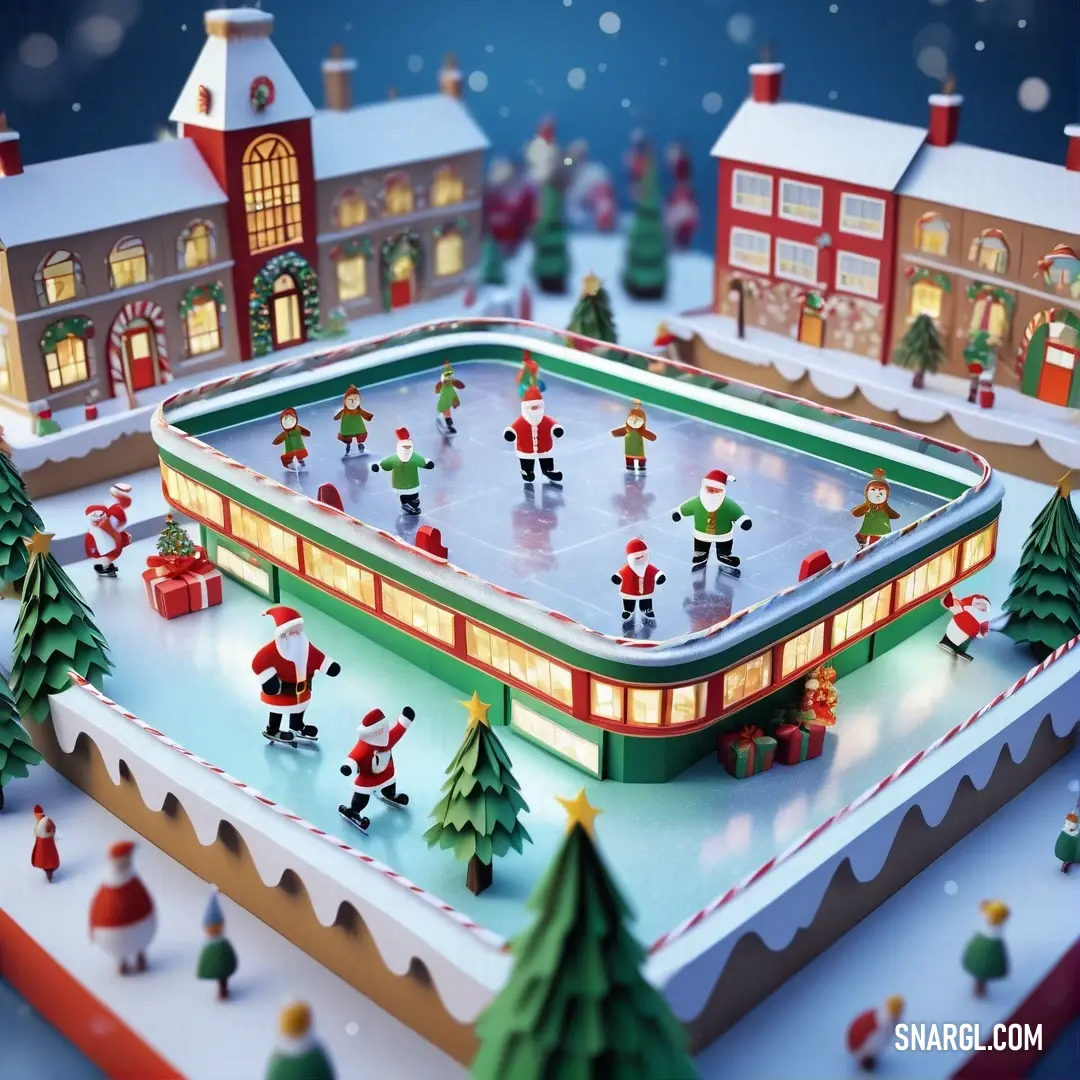 Christmas scene with a rink and skating rink and people dressed as santa claus and a snowman and a snow covered town