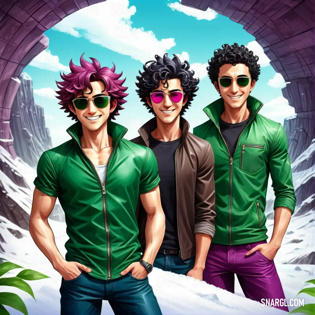 Three young men standing in front of a tunnel with snow on the ground and trees in the background. Color CMYK 79,0,89,22.