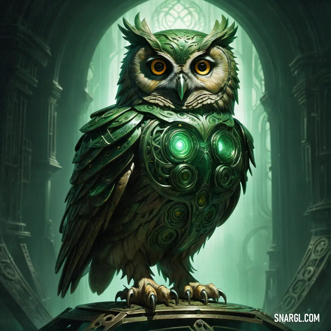 PANTONE 7734 color example: Owl with glowing eyes on a piece of metal in a green room with a doorway and a window