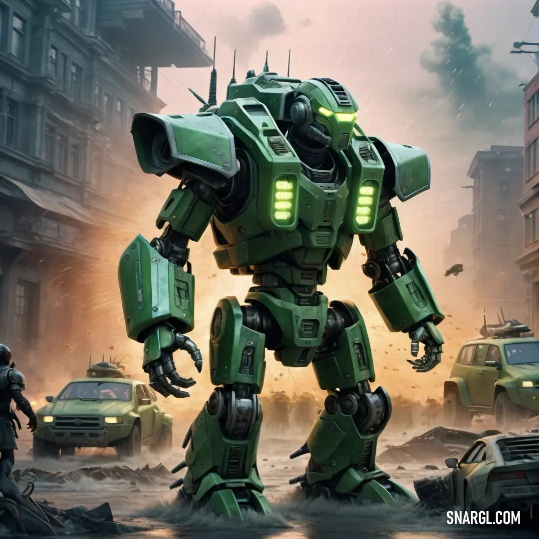 Green robot standing in a city next to a green car and a truck with a man in it. Color RGB 54,85,58.