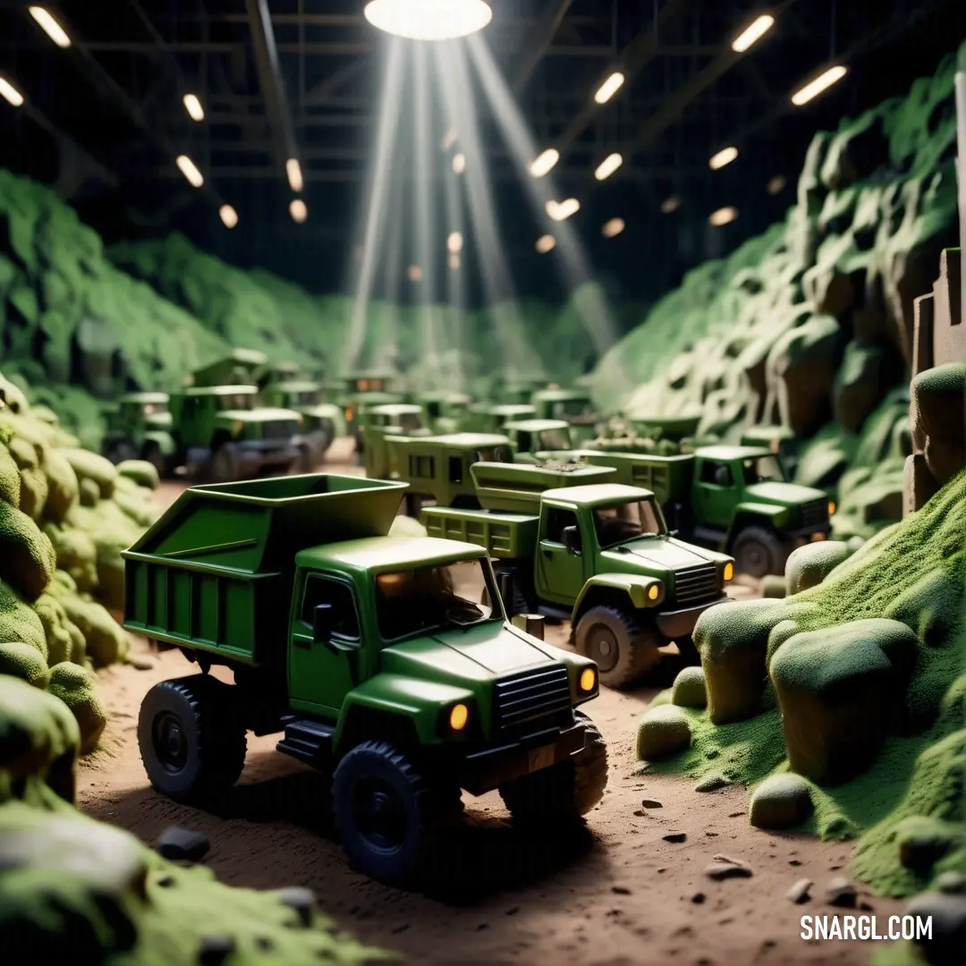 Group of green trucks parked in a large room filled with green moss covered rocks and dirt mounds and a light shining on the ground