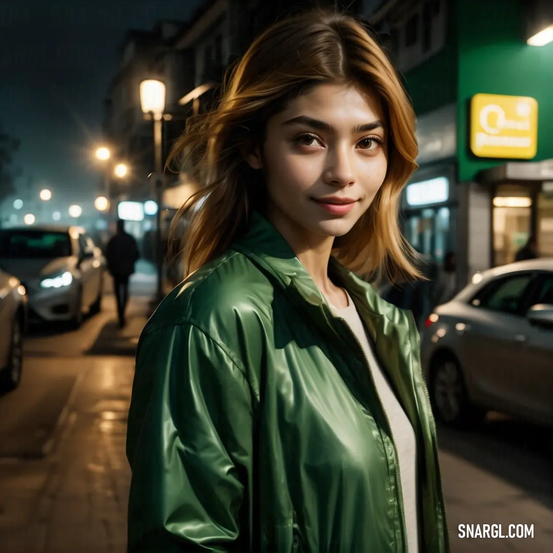 Woman standing on a sidewalk at night with a green jacket on and a car parked on the side of the street. Example of RGB 53,81,62 color.