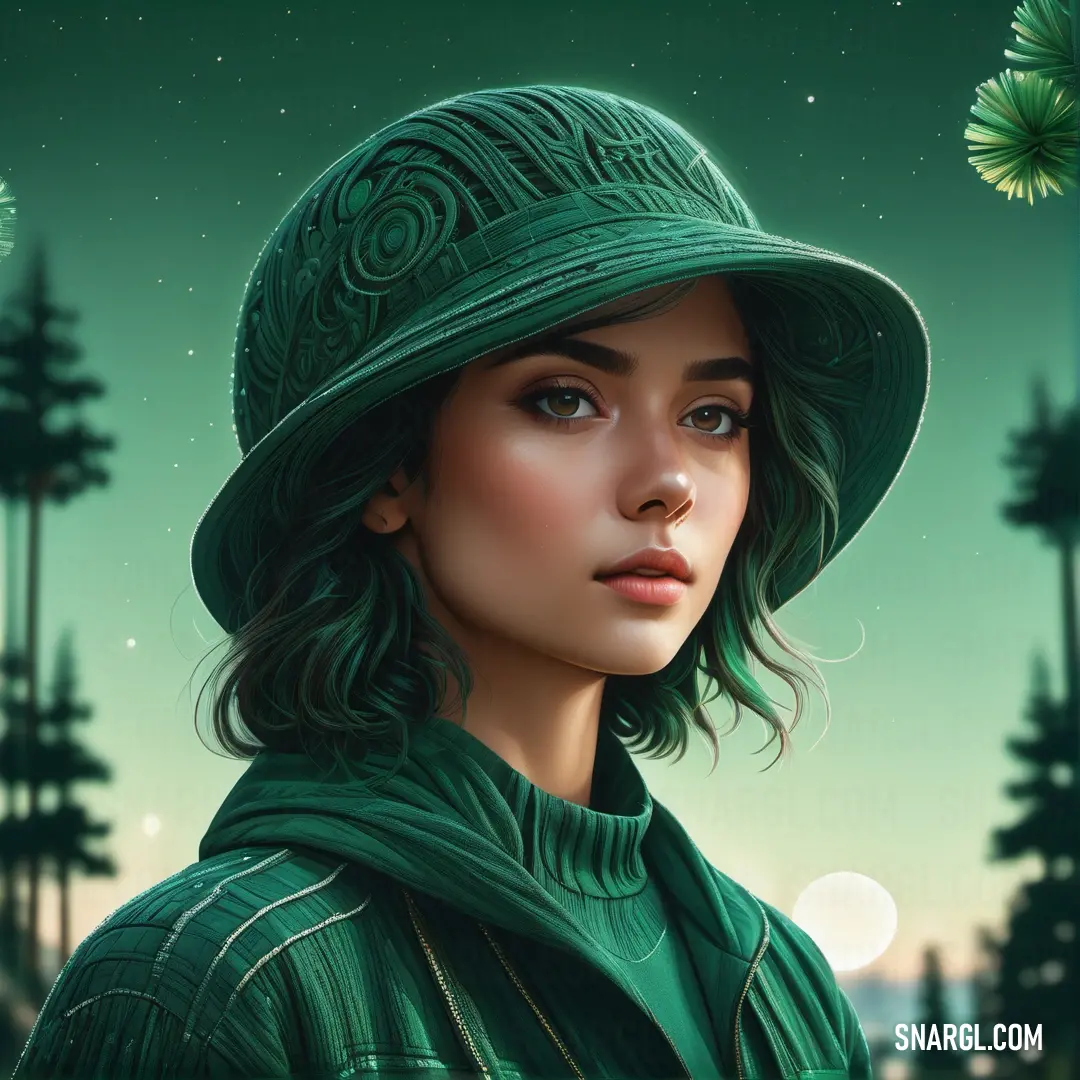 Woman wearing a green hat and green coat with trees in the background. Example of CMYK 56,0,58,78 color.