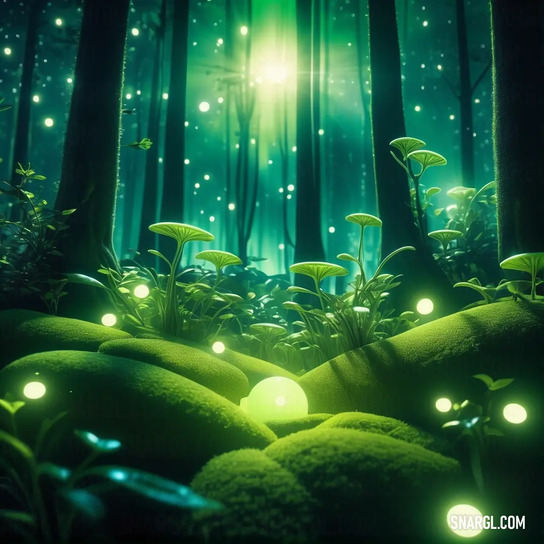 Forest with glowing lights and mushrooms in the grass and rocks. Example of RGB 70,151,58 color.