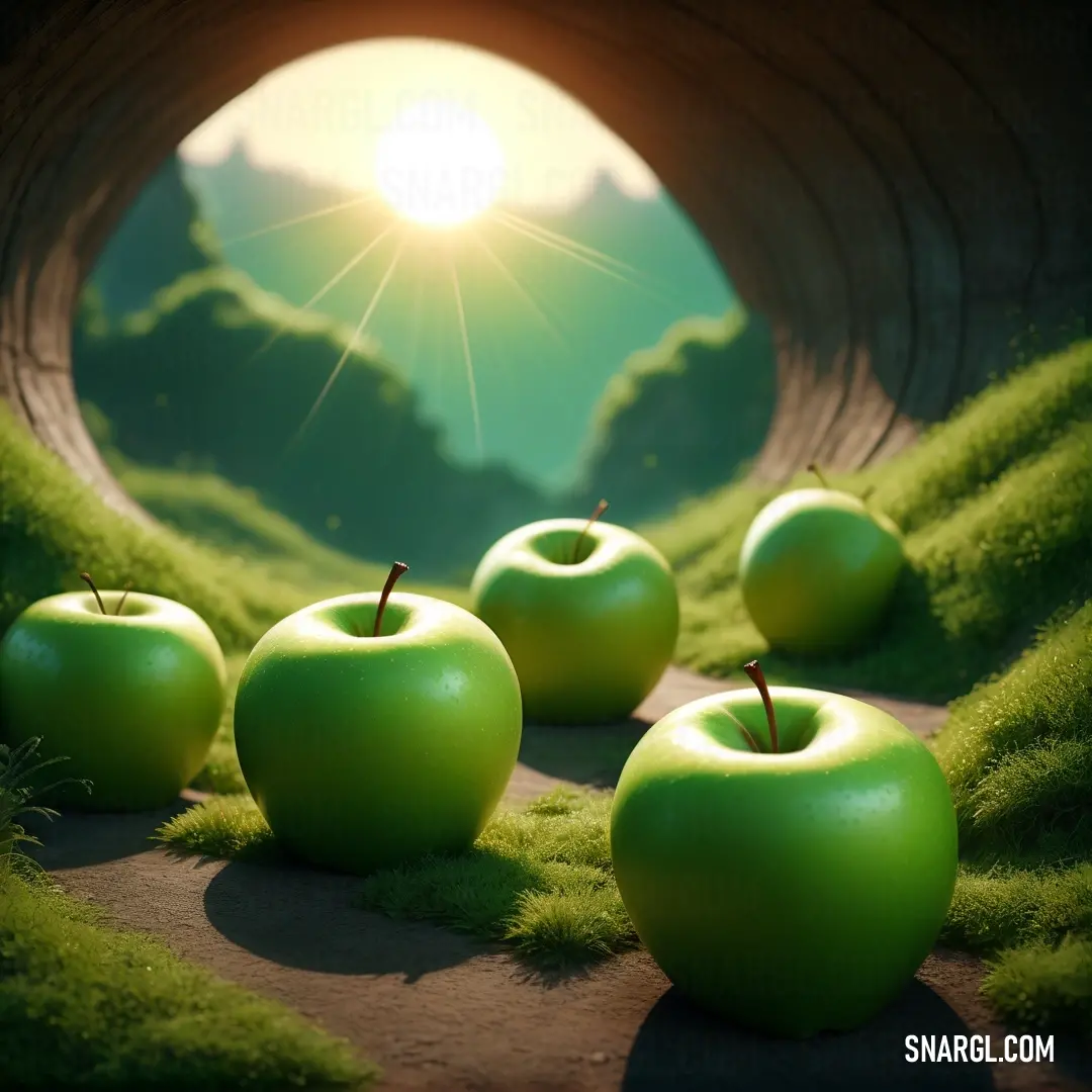 Group of green apples on top of a lush green field next to a tunnel with grass growing on the sides. Color PANTONE 7740.