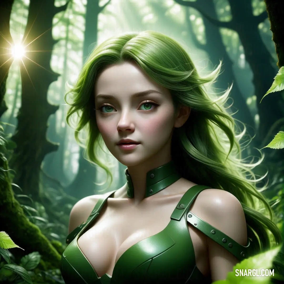 Woman in a green dress in a forest. Example of CMYK 75,0,95,15 color.