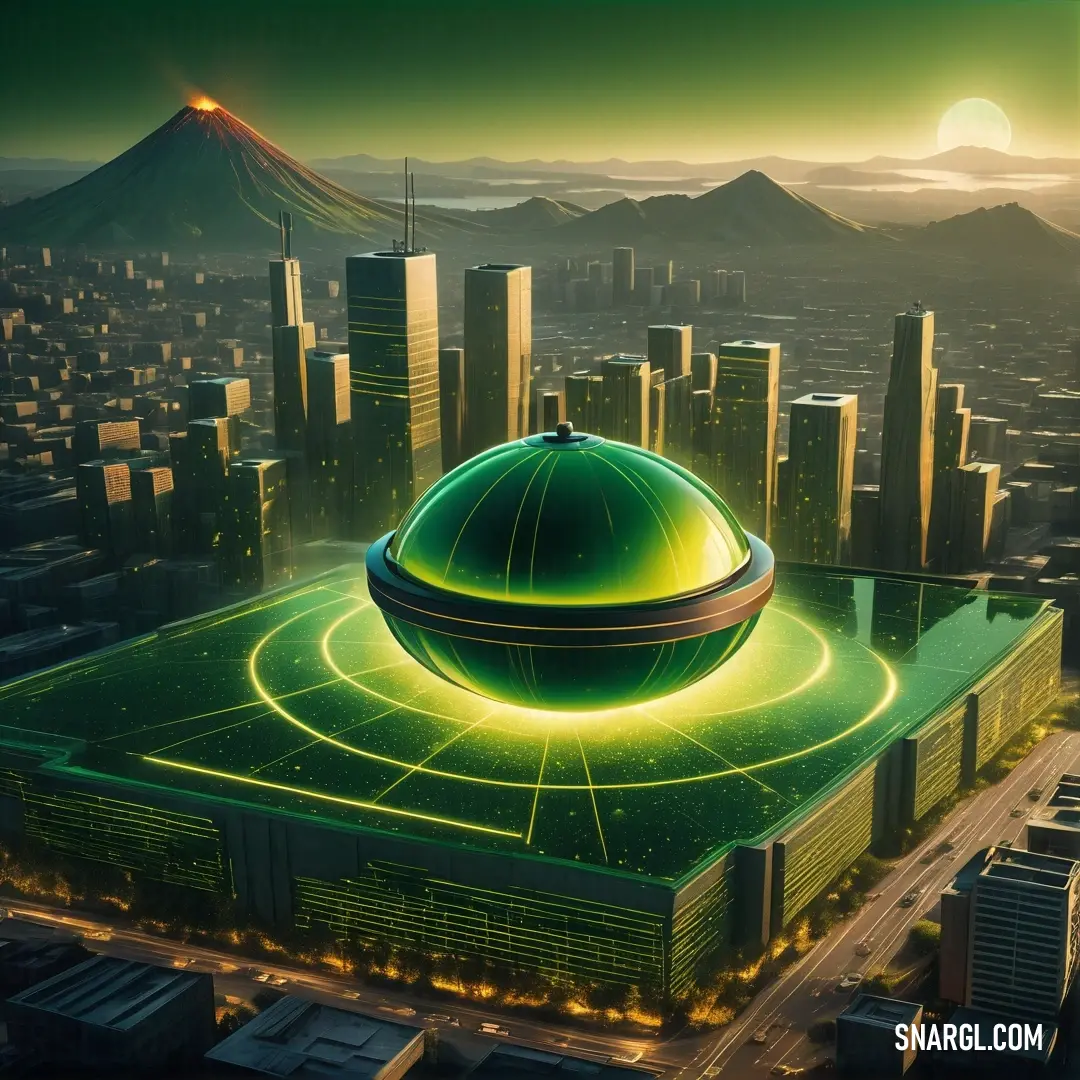 PANTONE 7741 color. Futuristic city with a green dome on top of it