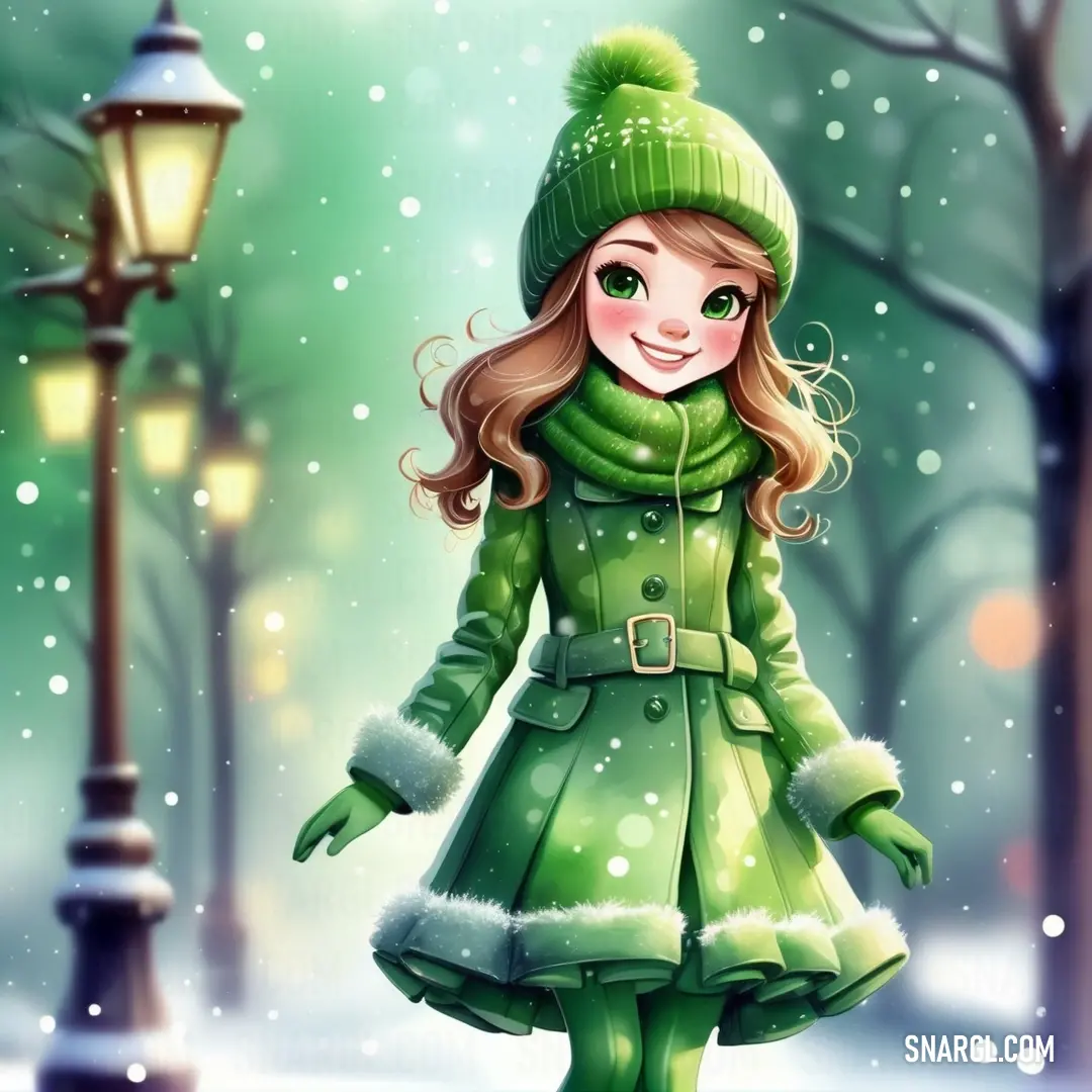 Girl in a green coat and hat walking in the snow with a lantern on a pole in the background. Example of CMYK 76,4,100,21 color.