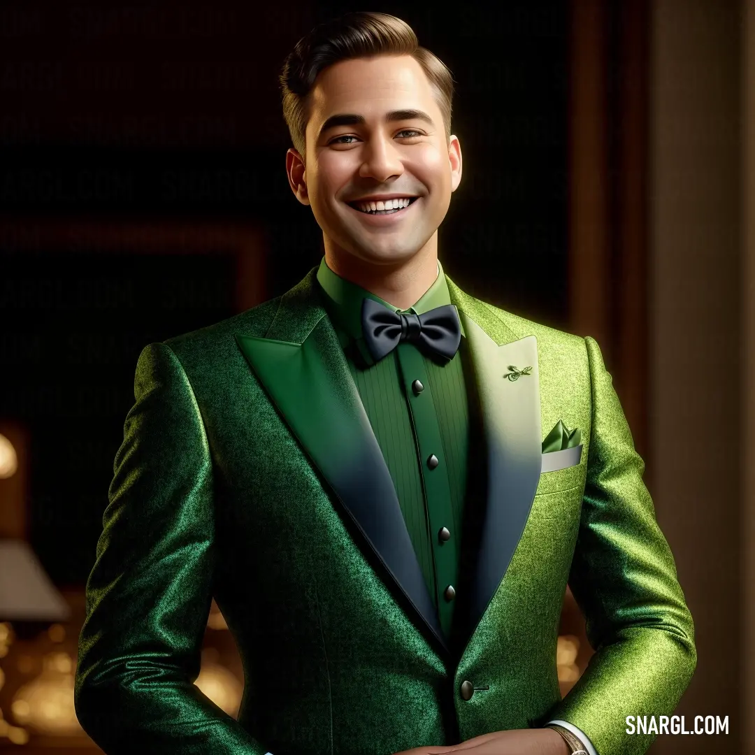 PANTONE 7741 color example: Man in a green suit and bow tie smiling at the camera with his hands in his pockets