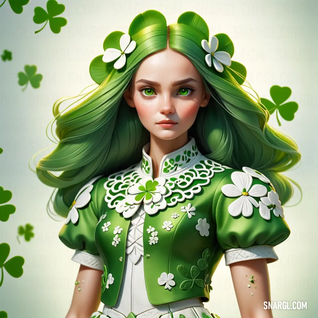 Woman with green hair and shamrocks on her head and a green dress. Color PANTONE 7741.