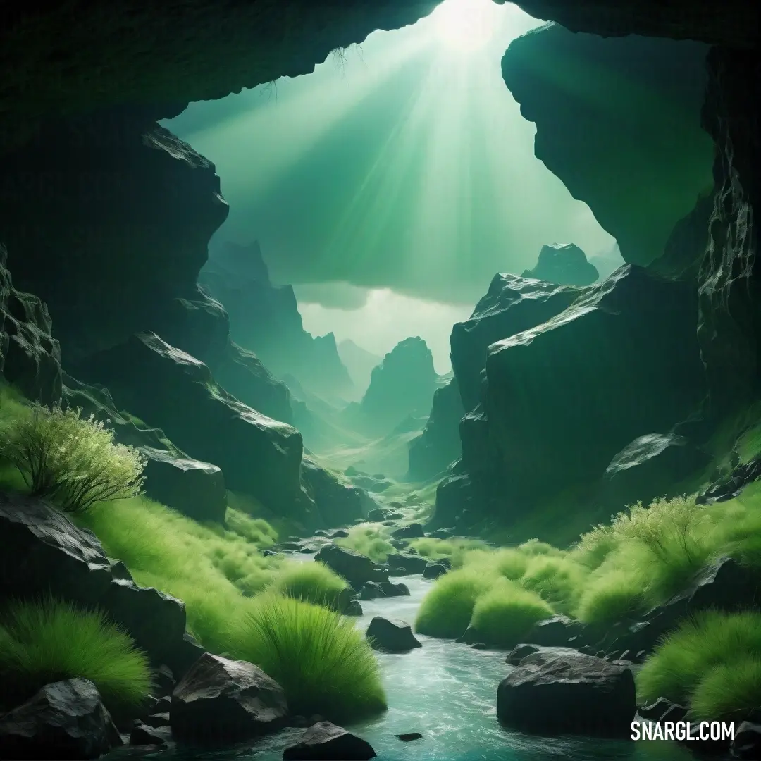 PANTONE 7742 color. Cave with a stream and sunbeams coming out of it