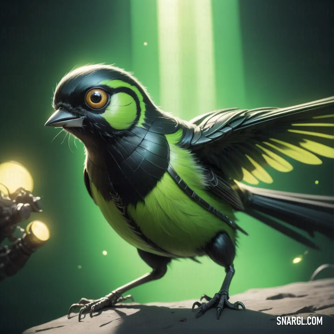 Bird with a green and black body and wings is standing on a rock with a light shining behind it. Color PANTONE 7742.