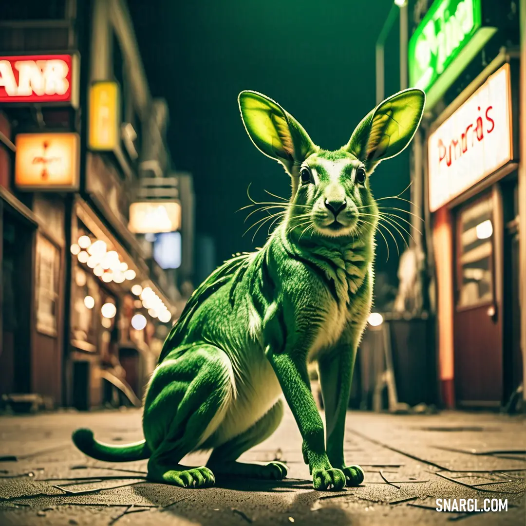 Green kangaroo on a sidewalk in front of a storefront at night time with neon signs in the background. Example of #48782D color.