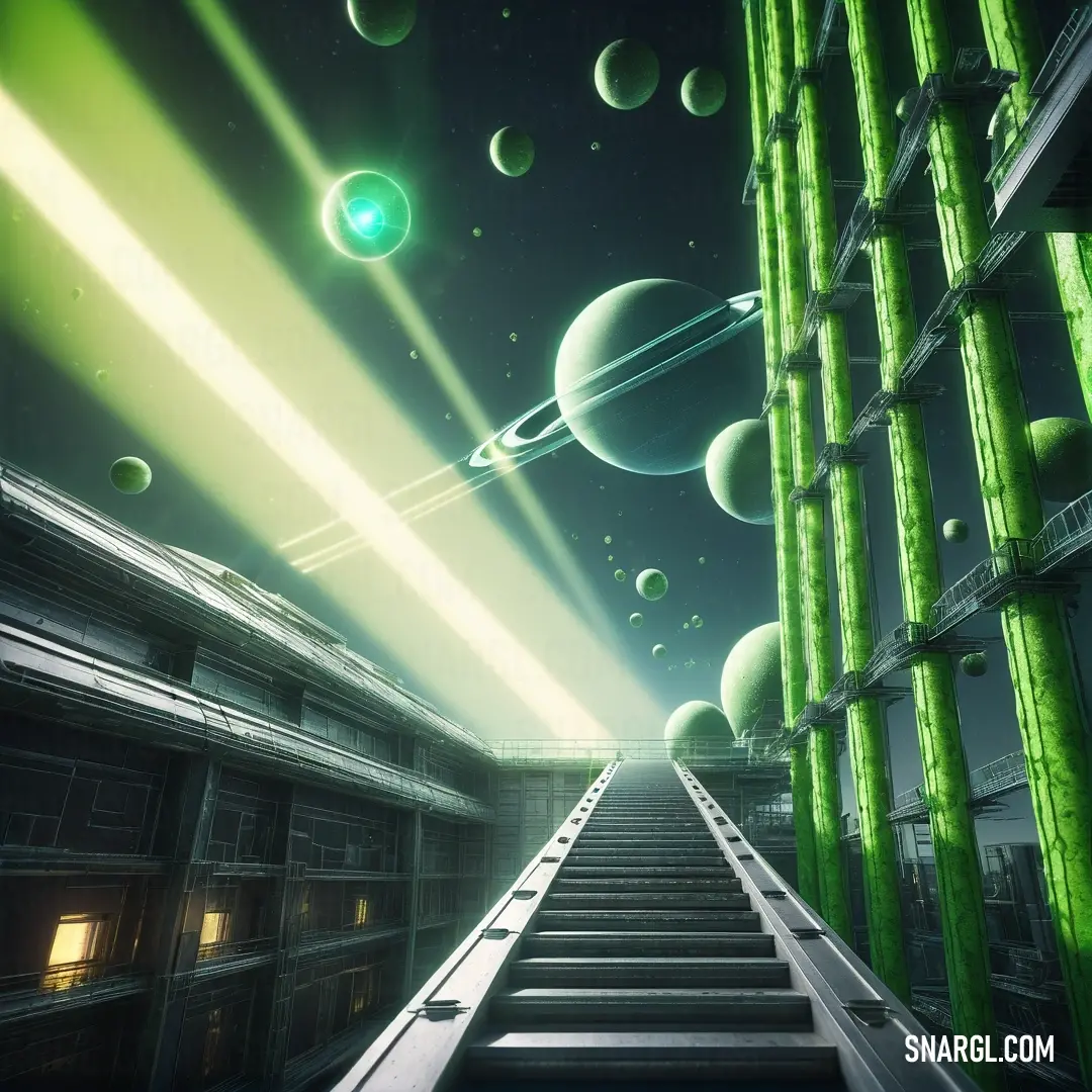 Stairway leading to a space station with a green light coming from it and planets in the background. Color #48782D.