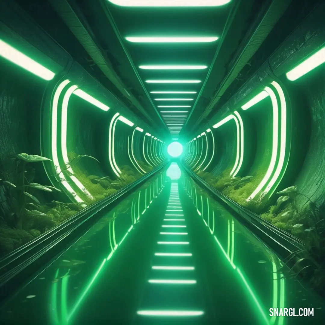 Tunnel with a green light coming from it's end. Example of PANTONE 7742 color.