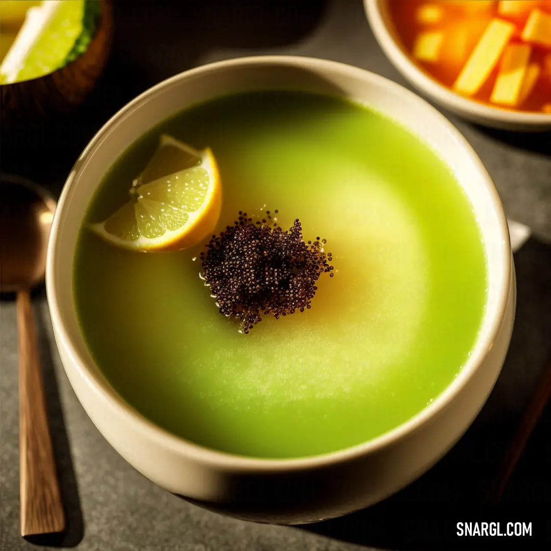 Bowl of green soup with a lemon slice and black seeds on top of it. Color #C4C626.