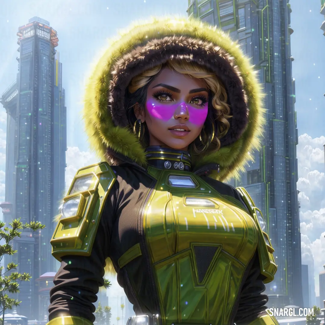 Woman in a futuristic suit with a futuristic city in the background. Color PANTONE 7744.