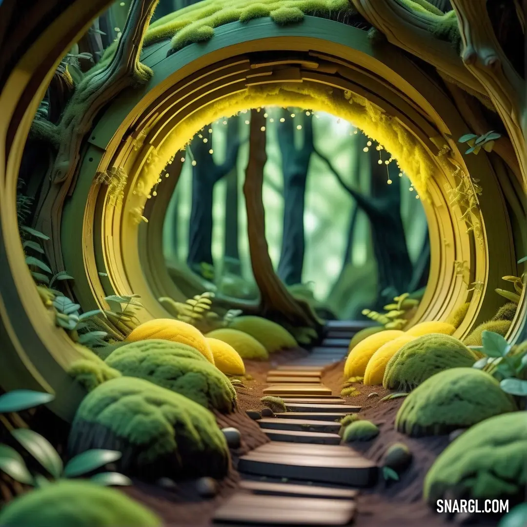 Green tunnel with a pathway leading to a tree filled forest with lots of green plants and trees around it. Color #AFB038.
