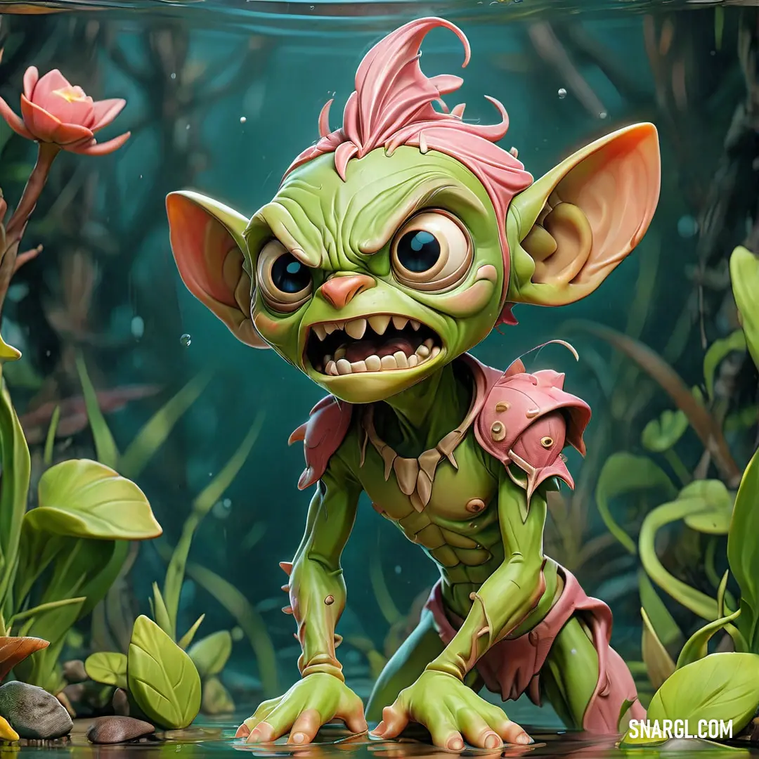 Cartoon character with pink hair and a green outfit is in a swampy area with plants and flowers. Color #AFB038.