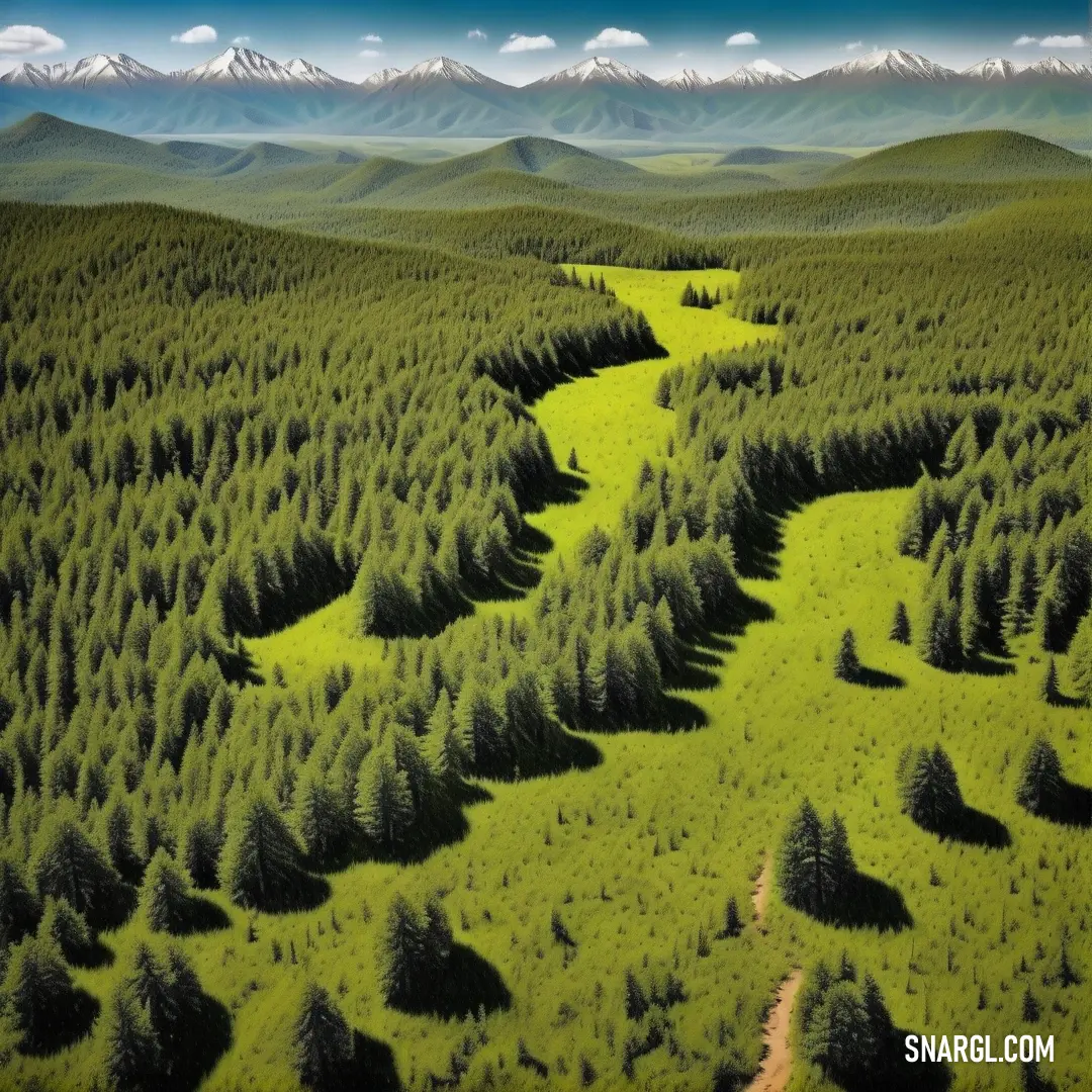 PANTONE 7745 color example: Painting of a green forest with mountains in the background