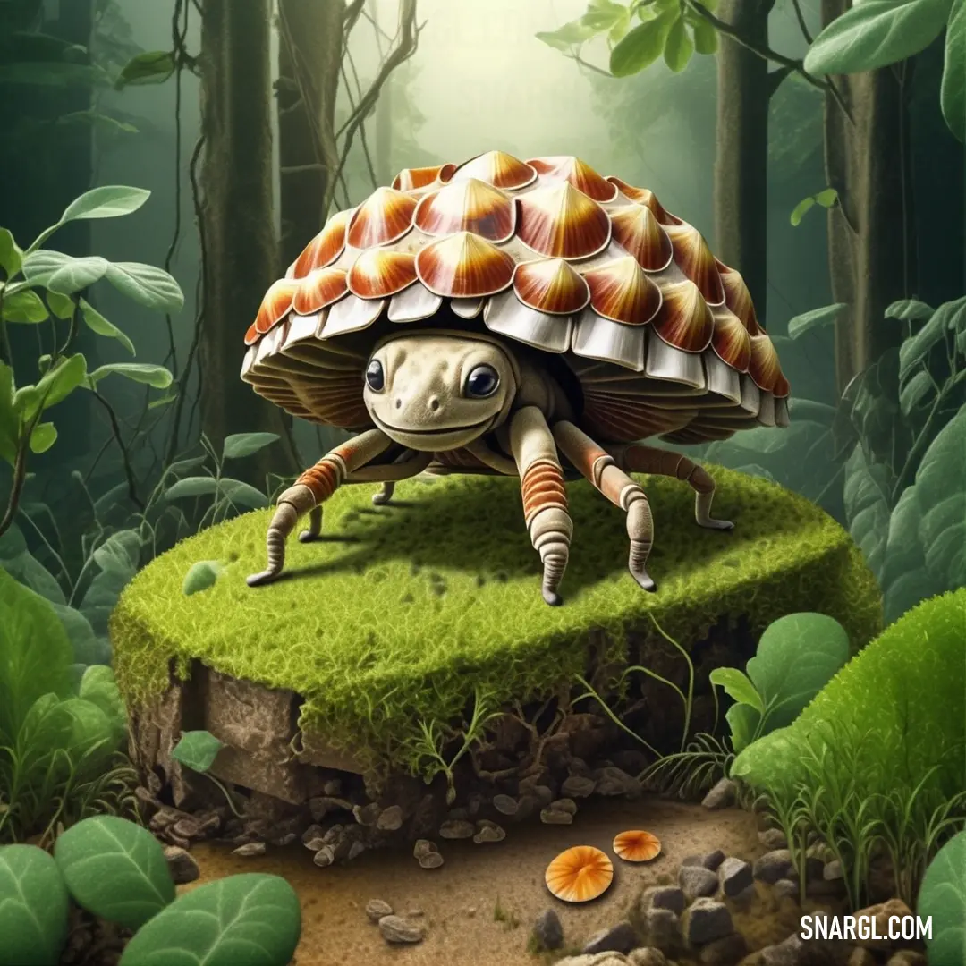 Turtle with a shell on top of a mossy rock in a forest with mushrooms and leaves on the ground. Example of RGB 175,176,56 color.
