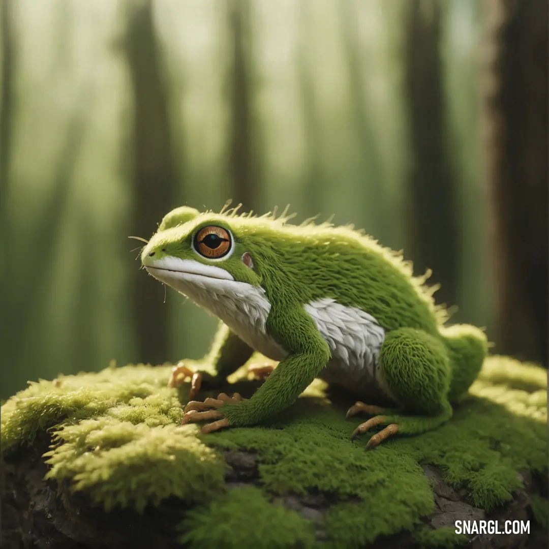 Frog with a white belly and a green body on a mossy rock in a forest with trees. Color RGB 138,143,59.