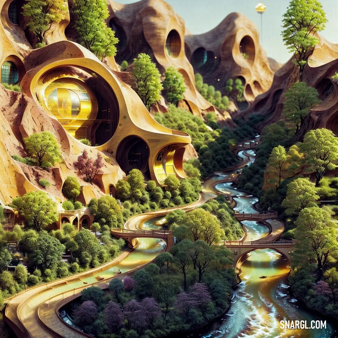 Futuristic city with a river running through it and trees growing on the sides of it. Color #8A8F3B.