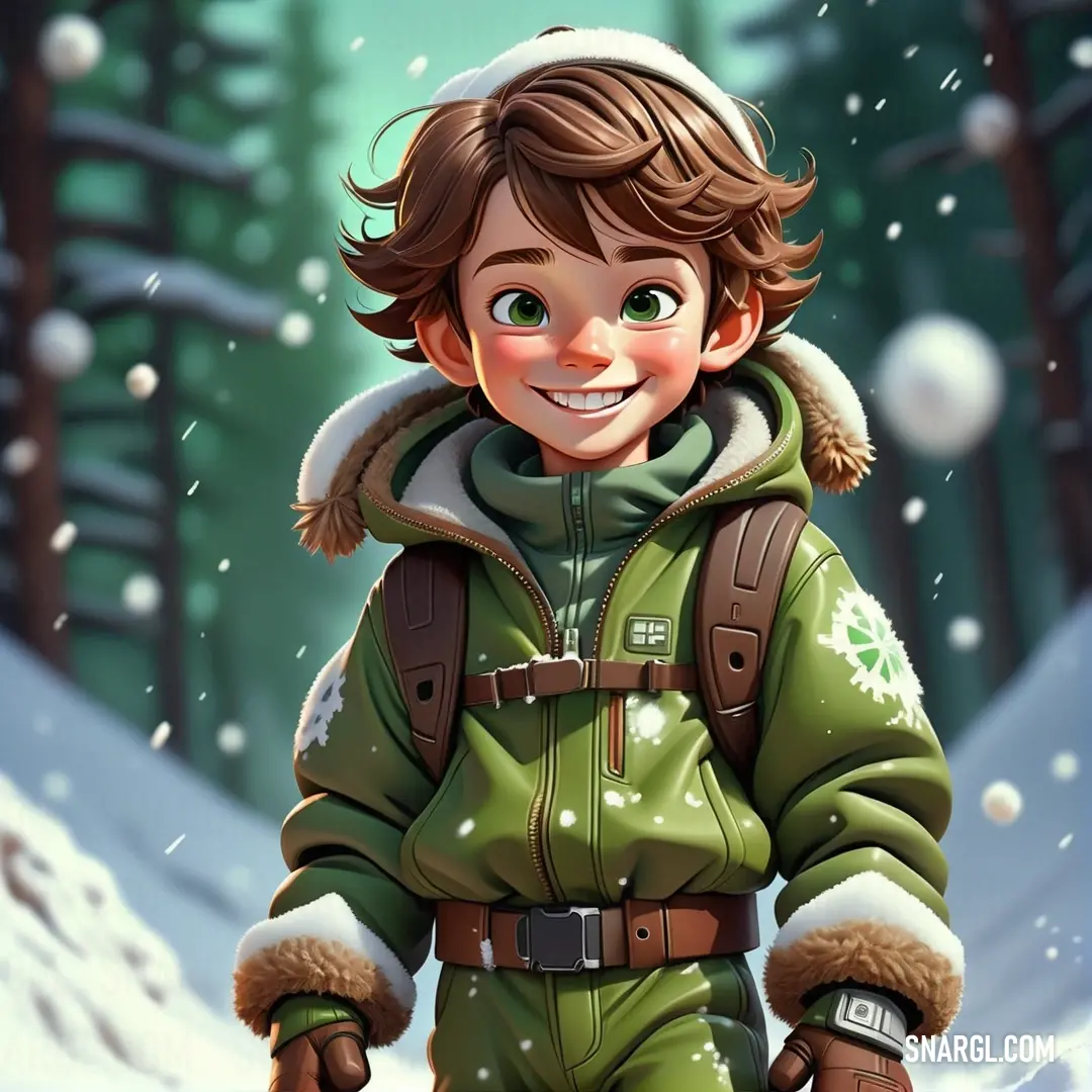 Cartoon boy in a green snow suit and a brown hat is walking through the snow in a snowy forest. Color CMYK 19,0,86,48.