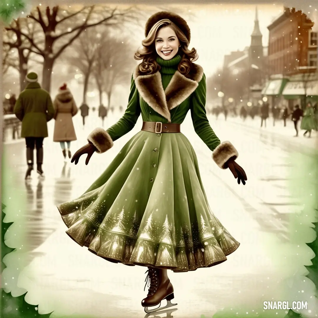 Woman in a green dress and fur collar skating on a street with people walking by in the background. Color PANTONE 7747.