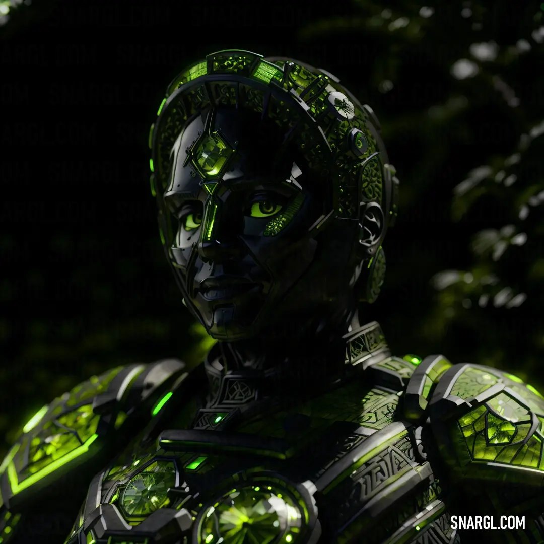 A futuristic green robot, with glowing eyes and a sleek green helmet, stands confidently, showcasing the intensity of CMYK 20,2,86,50 color in its design.